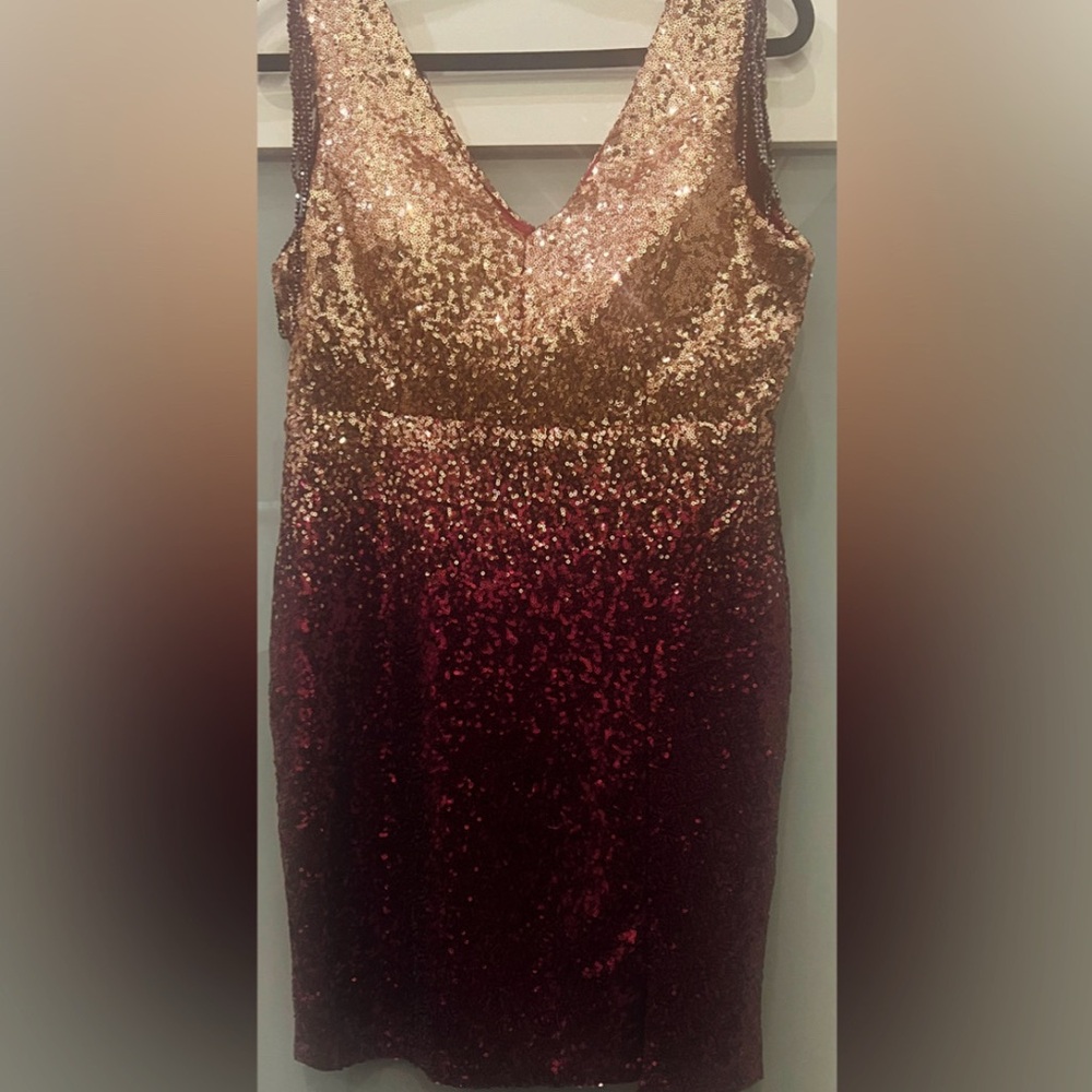 Womens Dress XL Burgundy Gold Sequins Sleeveless Beaded Sleeve Ombre Party
